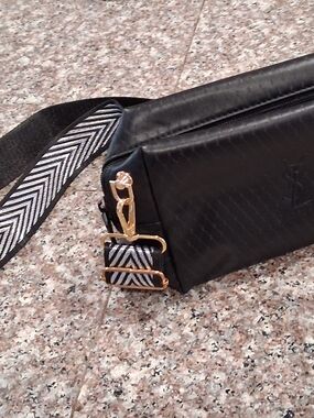 Black Faux Leather Crossbody Bag with Chevron Strap.YSL GWP Brand New.